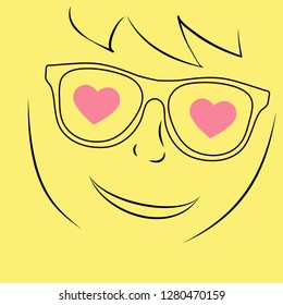 contour of the face with glasses and two hearts