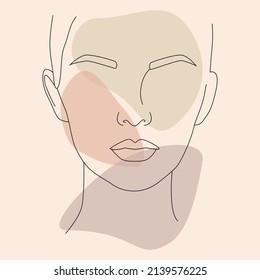 The contour of the face. A poster with an abstract female face. Minimalist portrait of a woman. A continuous line of an artistic woman with colored spots.