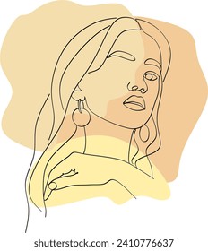 The contour of the face. A poster with an abstract female face. Minimalist portrait of a woman on colored spots.