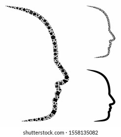 Contour face profile mosaic of rough parts in different sizes and color hues, based on contour face profile icon. Vector rough dots are combined into collage.