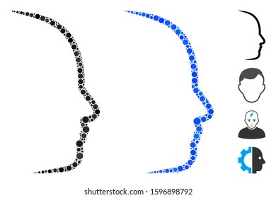 Contour face profile mosaic of round dots in various sizes and shades, based on contour face profile icon. Vector dots are combined into blue mosaic.