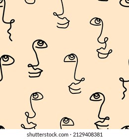 Contour of faces, one line drawn, seamless pattern