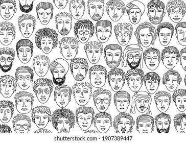 Contour faces of people of different genders, different nationalities and ages on a white background. Abstract background. The outline is black. Design element. Vector illustration.