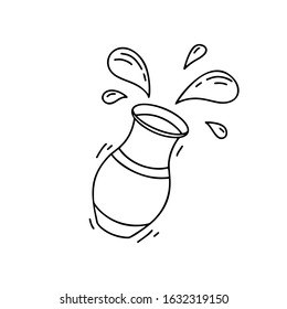 Contour falling pot with isolated drops. Hand drawn vector concept. Black and white illustration of spilled milk, yogurt or water. Cartoon outline icon for poster, banner. Doodle elements