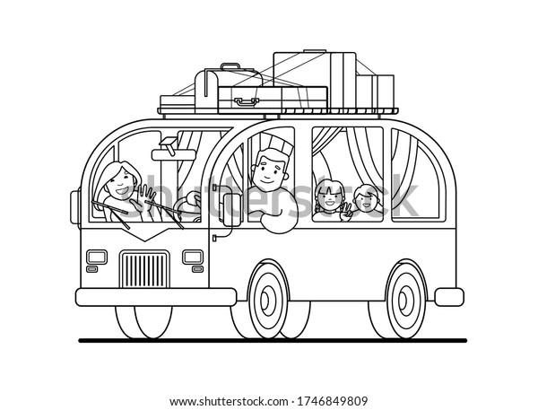 Contour. Family trip on a minivan; father drives,\
mother, children; camping. Happy cartoon people kids in a retro\
minivan. Road trip, summer vacation. Roof rack, luggage, suitcases.\
For coloring book.