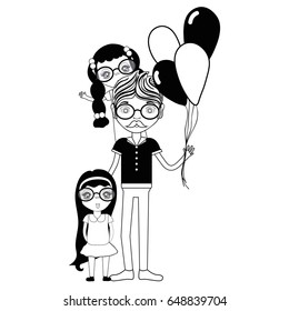 contour father with his daughters and balloons