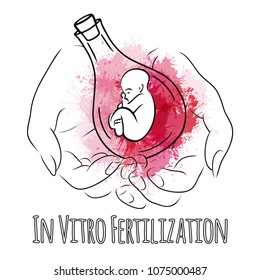 Contour  of female hand holding  test tube with a child on the topic of artificial insemination with watercolor splashes. For logos, icons, infographics and your design 