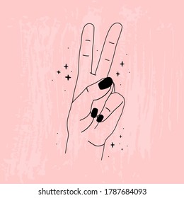 The contour of female hands. Vector. Pink textured background. Hand drawn vector trendy. Logo template for packaging, cosmetics, handmade items. Minimalistic design. Outline doodle drawing