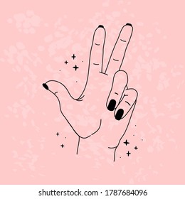 El contorno de las manos femeninas. Vector. Fondo rosado texturado. Una línea dibujada con las manos en la mano. Plantilla de logotipo para embalaje, cosméticos, artículos hechos a mano. Diseño minimalista. Dibujo del doodle de contorno