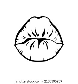 Contour of female lips in retro-pop art style. Mouth shaped like a kiss. Vector outline illustration.