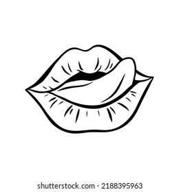 Contour of female lips in retro-pop art style. Mouth with tongue sticking out. Vector contour illustration.