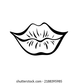 Contour of female lips in retro-pop art style. Mouth shaped like a smile. Vector contour illustration.