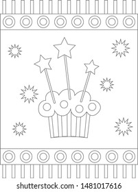 The contour of the festive cake, muffin with icing, stars on sticks, decorative frame. Coloring page