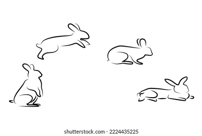 Contour of the figure of a hare, rabbit, in various poses, jumping on a white background, vector
