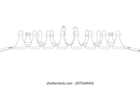 The contour of the figure on the chessboard from black lines isolated on white background. Front view. Vector illustration