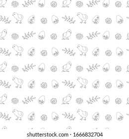 Las figuras del contorno de pollos, flores, huevos de Pascua, brotes de primavera se dibujan a mano sobre un fondo blanco. Diseño vectorial sin problemas para el diseño de vacaciones. Comedor inspirador para la cocina, delantales