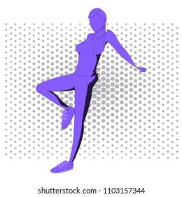 a contour filled with a bright gradient. Beautiful and slim fitness girl leaning on the surface behind him