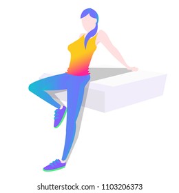 a contour filled with a bright gradient. Beautiful and slim fitness girl leaning on the surface behind him