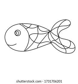 Contour fish illustrations in stained glass style . Black contour isolated on a white background. Coloring book and coloring page for kid. Illustration for batik and window.