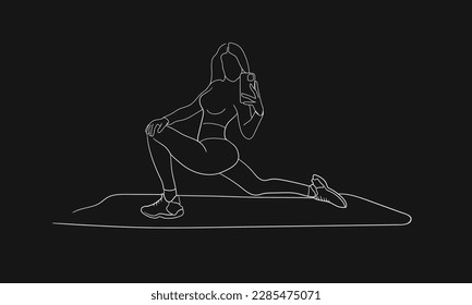 Contour fitness girl in line art style on a black background. Fashion sport model design. 