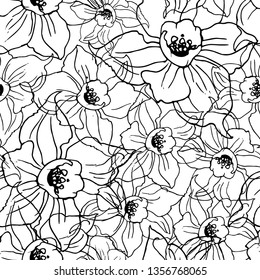 Contour floral seamless pattern with drawing flowers on white background. Hand drawn manual graphic. Design for textile, fabric, wallpaper, packaging. Vector illustration.
