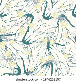 Patrón de contorno floral sin soldadura. Flores verdes tropicales dibujadas en un fondo blanco. Ilustración vectorial para tela, baldosas y papel pintado en la pared.
