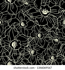 Contour floristic seamless pattern with flowers Narcissuses on black background. Hand drawn manual graphic. Design for textile, fabric, wallpaper, packaging. Vector Illustration