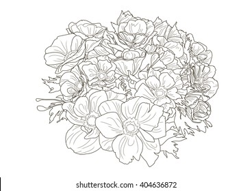 Contour flower composition with anemones. Vector sketch