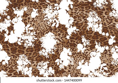 Contour flowers with animal skin pattern. Seamless vector background.