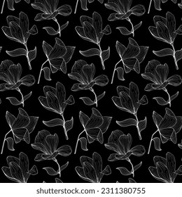Contour flowers on a black background.Vector seamless pattern with white transparent flowers on a black background.
