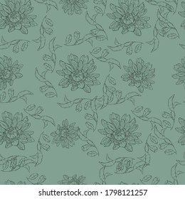 contour fluffy flower with branches around on a blue-green background,interior wallpaper and fabric,vector seamless pattern