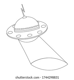 Contour flying saucer coloring on white background, isolated. Line drawing. Science fiction