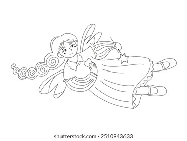 Contour flying tooth fairy isolated on a white background. Nice female character for kids outline. Nice smiling fantasy girl with wings.