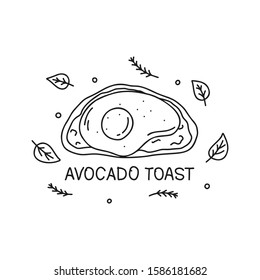 Contour food illustration of avocado toast. Hand drawn vector concept. Outline cartoon poster or card for healthy snack. Isolated lettering and elements on white background