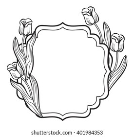 Contour frame with elegant tulips. Vector clip art.