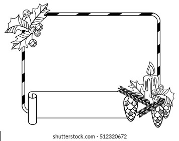 Contour frame with holly berry, pine cones and lighting candles. Copy space. Vector clip art.