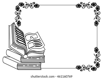 Contour frame with roses, books. Vector clip art. 