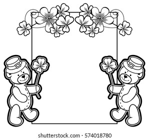 Contour frame with shamrock, teddy bear. Copy space. Vector clip art.