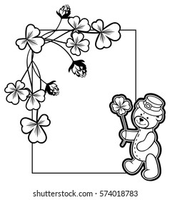 Contour frame with shamrock, teddy bear. Copy space. Vector clip art.