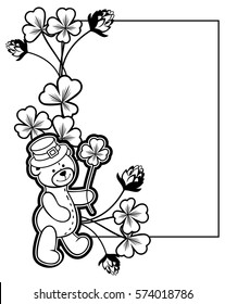 Contour frame with shamrock, teddy bear. Copy space. Vector clip art.