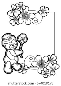 Contour frame with shamrock, teddy bear. Copy space. Vector clip art.