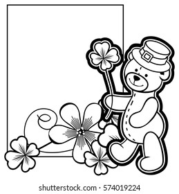 Contour frame with shamrock, teddy bear. Copy space. Vector clip art.