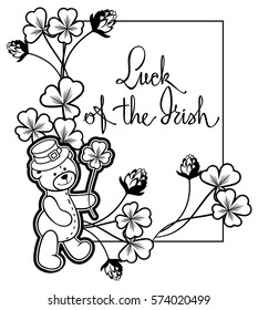 Contour frame with shamrock, teddy bear and artistic written text "Luck of the Irish". Copy space. Vector clip art.