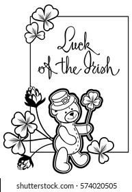 Contour frame with shamrock, teddy bear and artistic written text "Luck of the Irish". Copy space. Vector clip art.