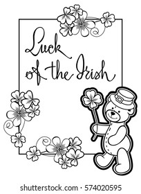 Contour frame with shamrock, teddy bear and artistic written text "Luck of the Irish". Copy space. Vector clip art.