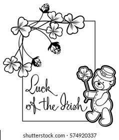 Contour frame with shamrock, teddy bear and artistic written text "Luck of the Irish". Copy space. Vector clip art.