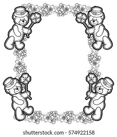 Contour frame with shamrock, teddy bear. Copy space. Vector clip art.