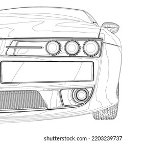 The contour of the front of the car from black lines isolated on a white background. Front view. 3D. Vector illustration.