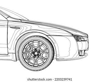 The contour of the front of the car from black lines isolated on a white background. Side view. 3D. Vector illustration.