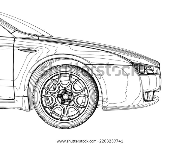 The\
contour of the front of the car from black lines isolated on a\
white background. Side view. 3D. Vector\
illustration.